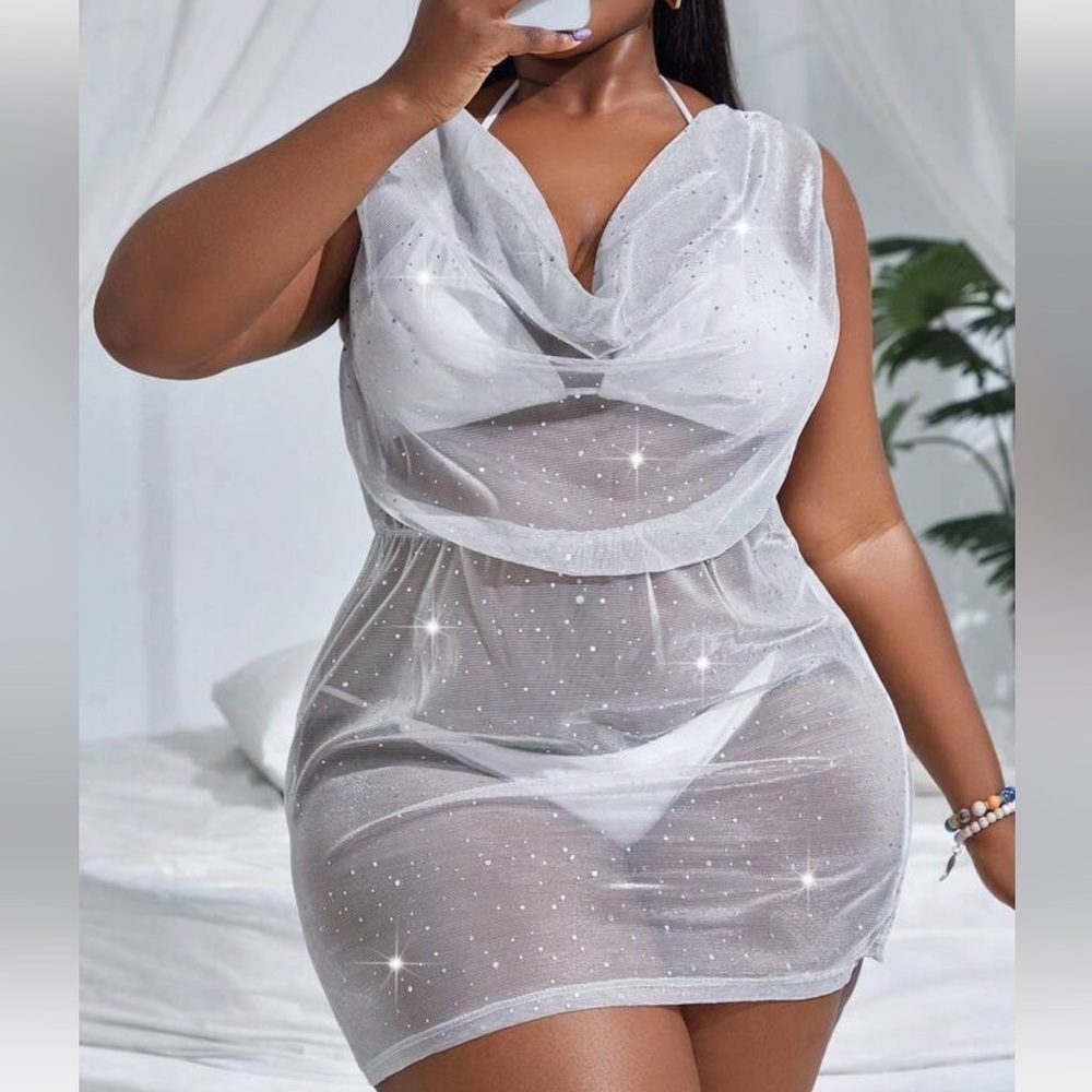Shein Swim Vcay Plus Draped Collar Mesh Cover Up Dress